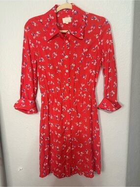 RUKEN Red Floral Button-Front Long Sleeve Shirt Dress